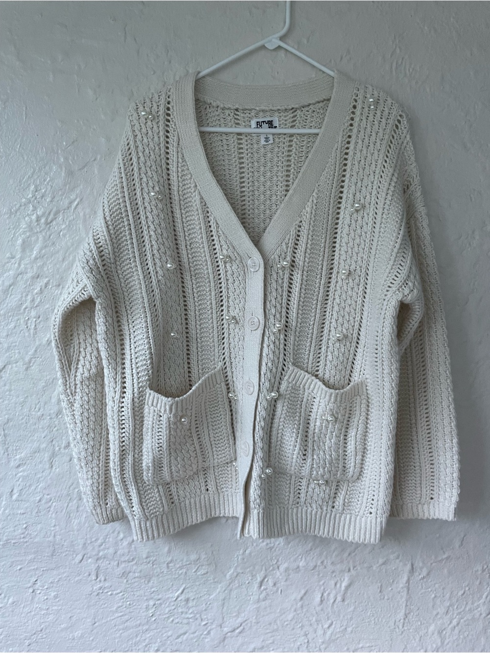 Future Collective women’s chunky cable knit cardigan pearl embellishments; S